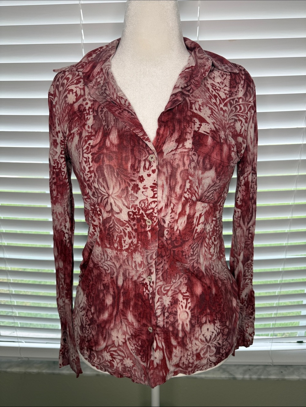Women's Long-Sleeve Button Front Shirt - Burgundy Floral Print